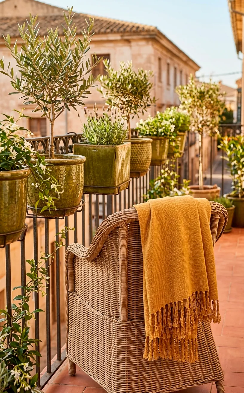 Detail of ochre textiles and olive green planters on a balcony.