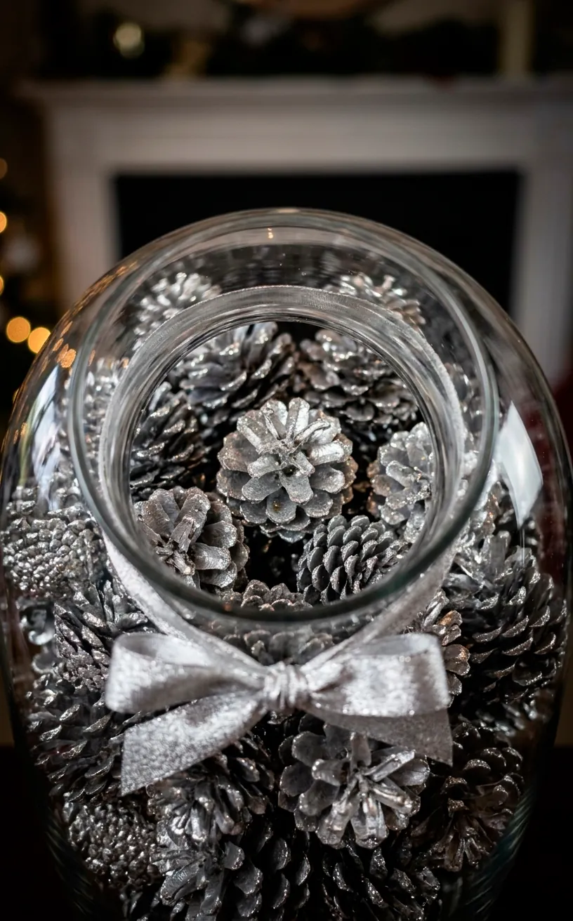 Top-down view of silver glittered pinecones inside a clear glass vase.