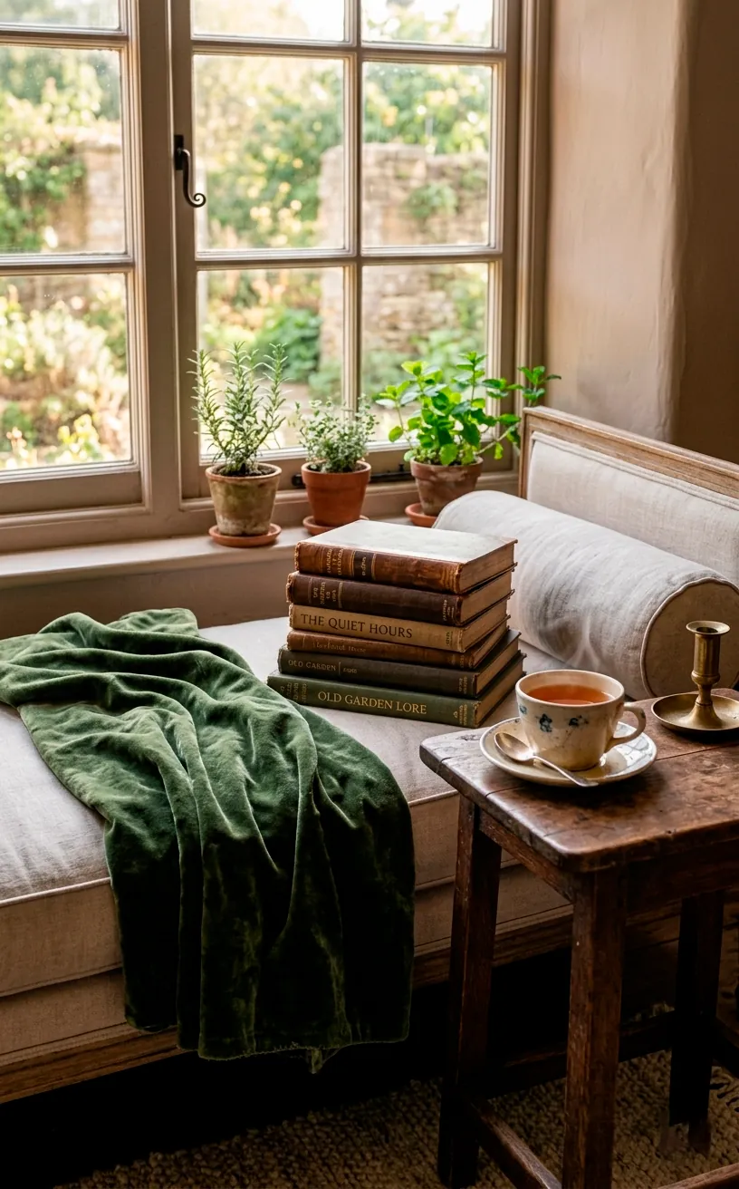 Cozy daybed corner with velvet throw and vintage books.