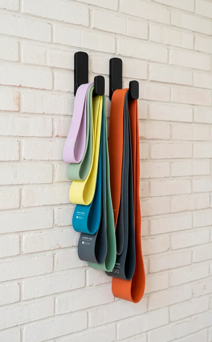 Matte black wall hooks holding resistance bands against an off-white brick wall.