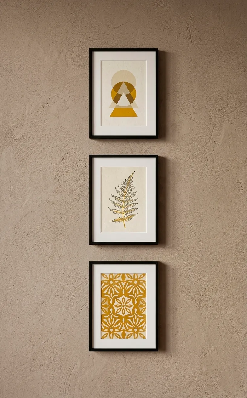 Mini gallery wall with framed mustard yellow art prints and black frames.