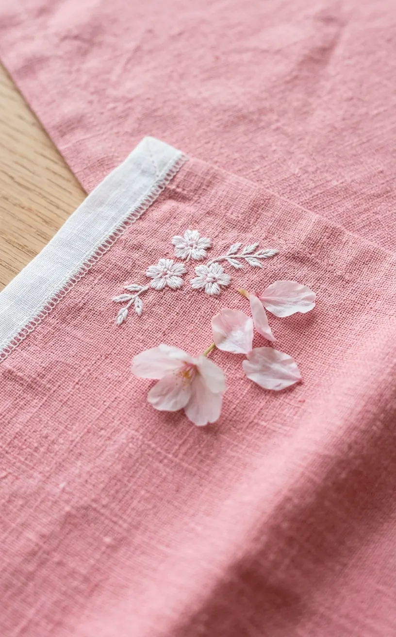 Close-up of pink linen fabric texture with subtle white floral embroidery and flower petals.
