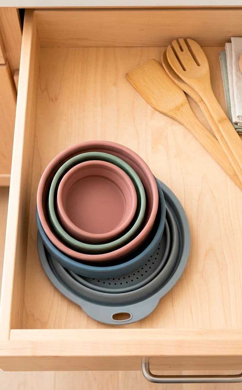 Stack of collapsed silicone kitchenware stored in a shallow wooden van drawer.