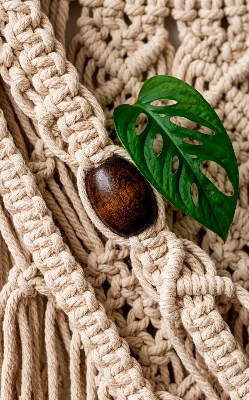 Close-up of macramé knotting and wooden bead detail.