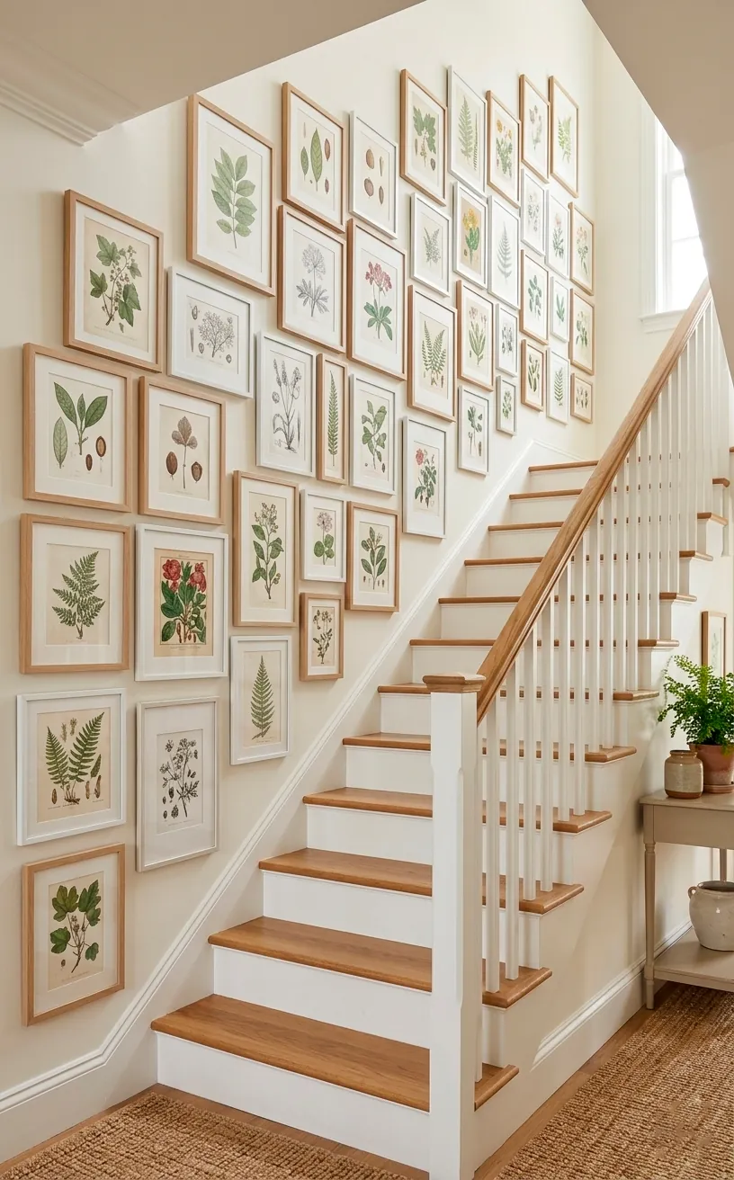 Asymmetrical botanical gallery wall following the incline of a foyer staircase.