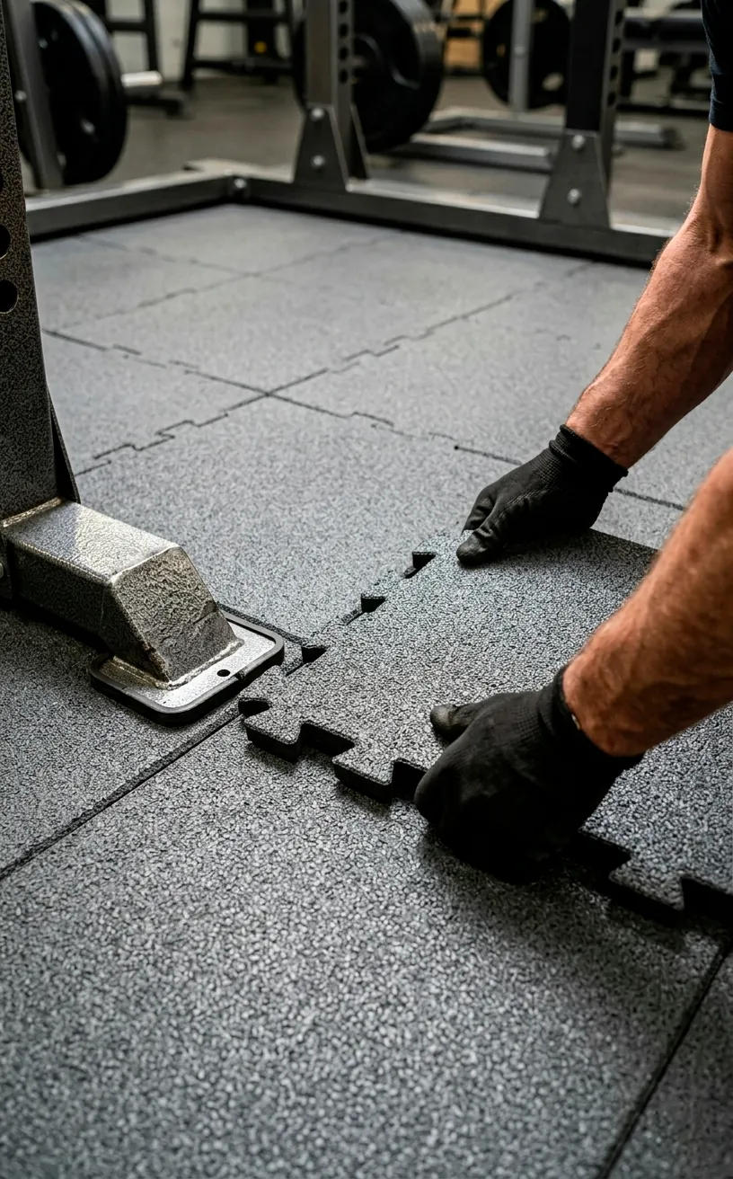 Interlocking black rubber gym floor tiles being installed.