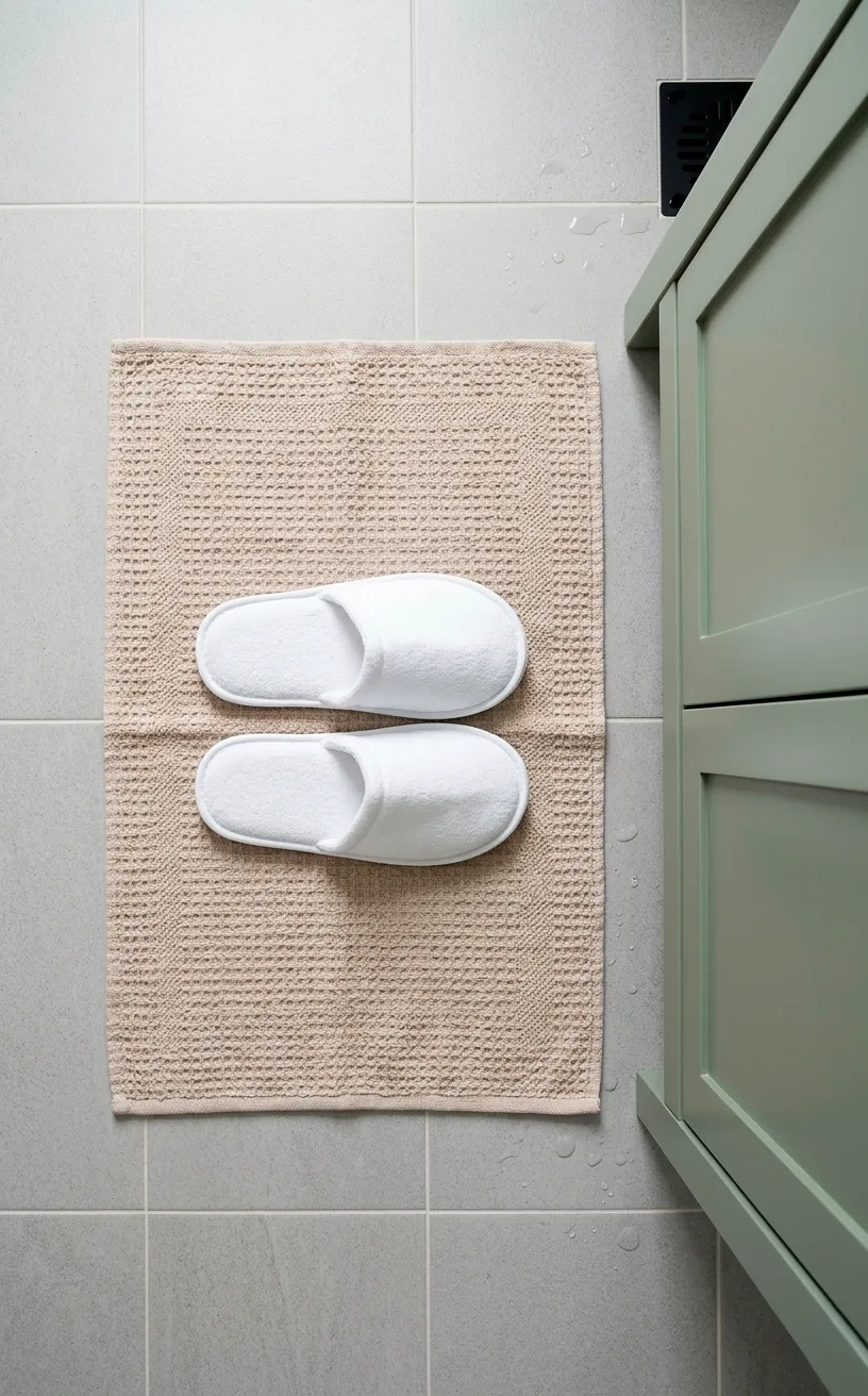 Beige textured cotton bath rug on gray tiles next to a sage green cabinet.