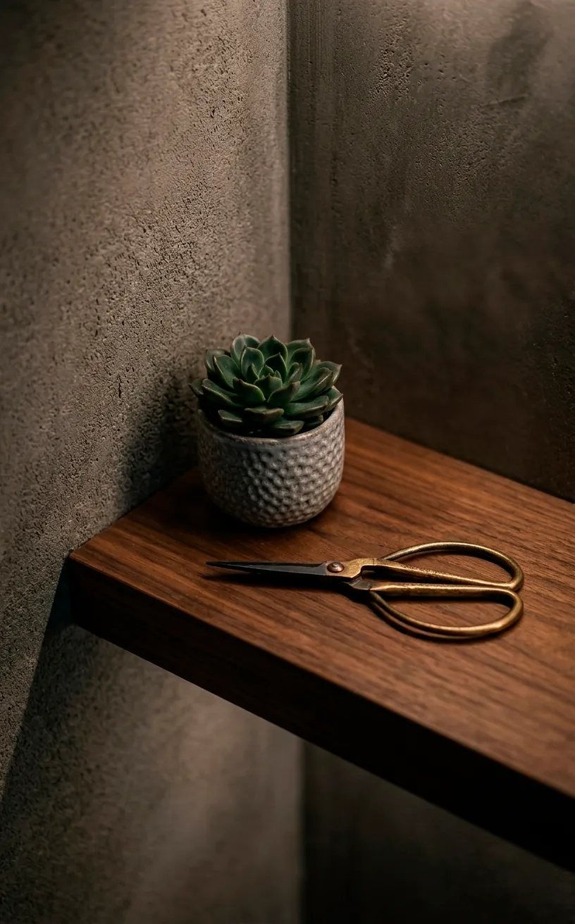 Close-up of a minimalist floating shelf with a succulent and brass decor items in soft light.