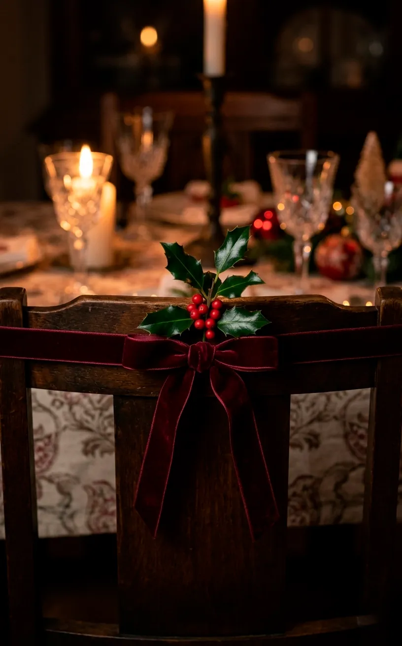 Elegant velvet ribbon bow tied to the back of a dining chair with a sprig of holly.