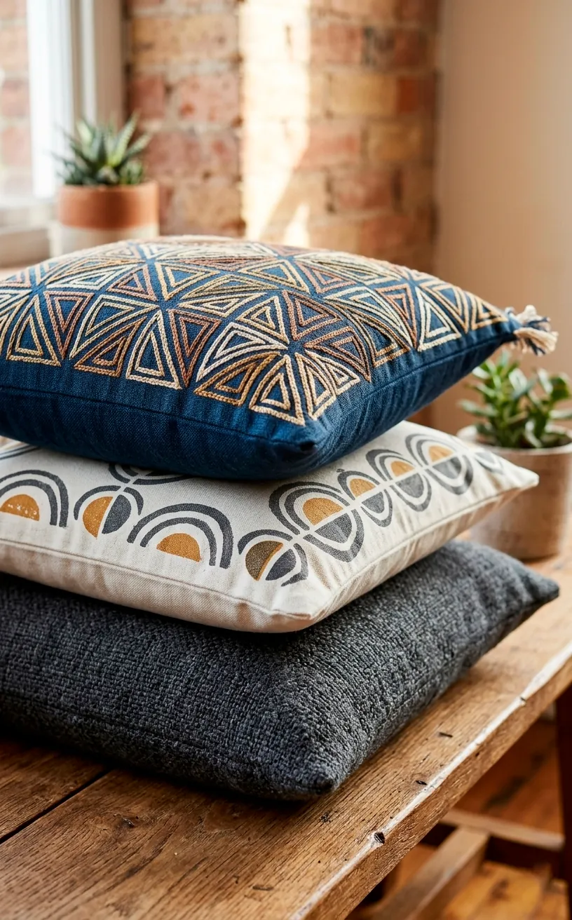 Detail shot of embroidered and printed geometric pillows stacked on a bench.