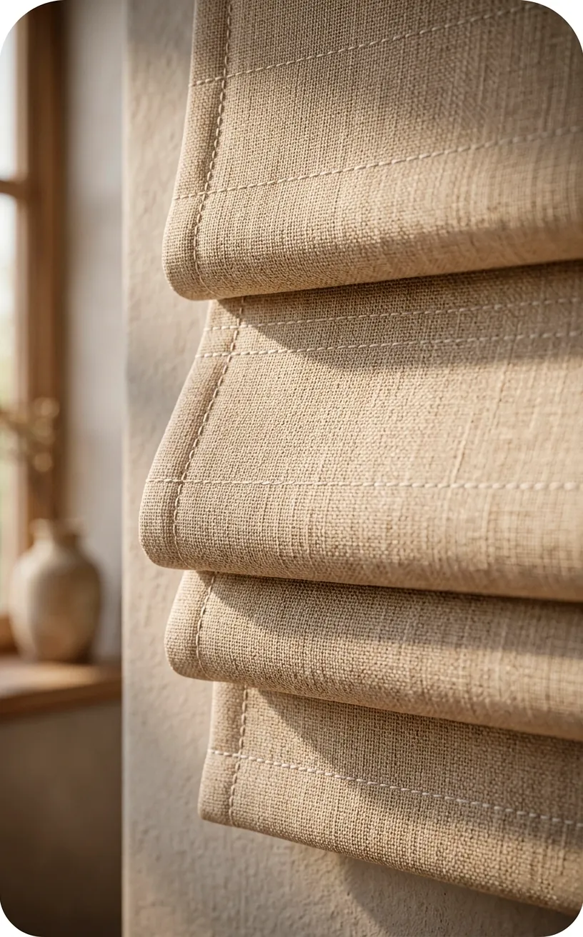 Close-up of linen Roman shade folds with soft sunlight highlighting the fabric texture.