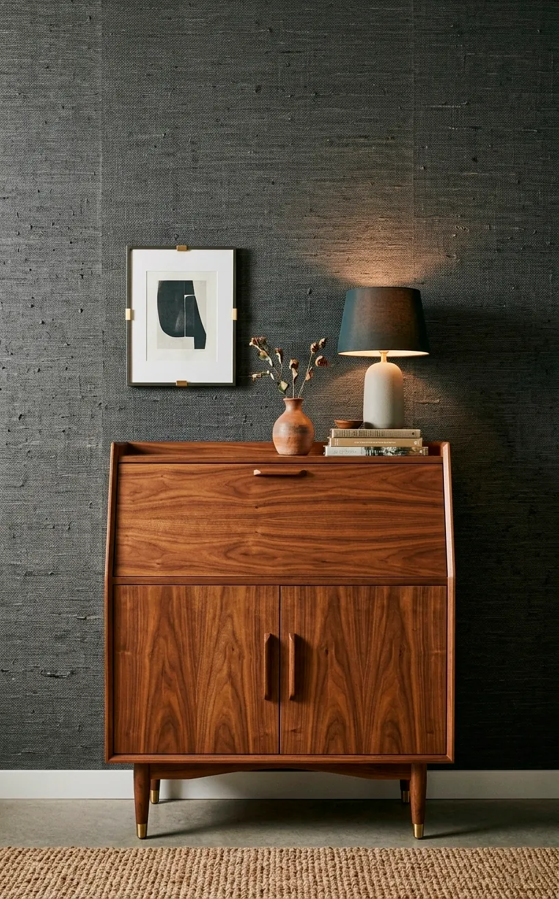 Textured grasscloth wallpaper on a dark wall behind a wooden mid-century cabinet.