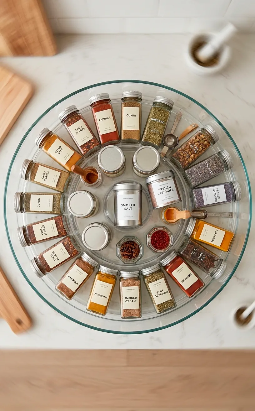 Top down view of a clear acrylic turntable organizer for kitchen spices.