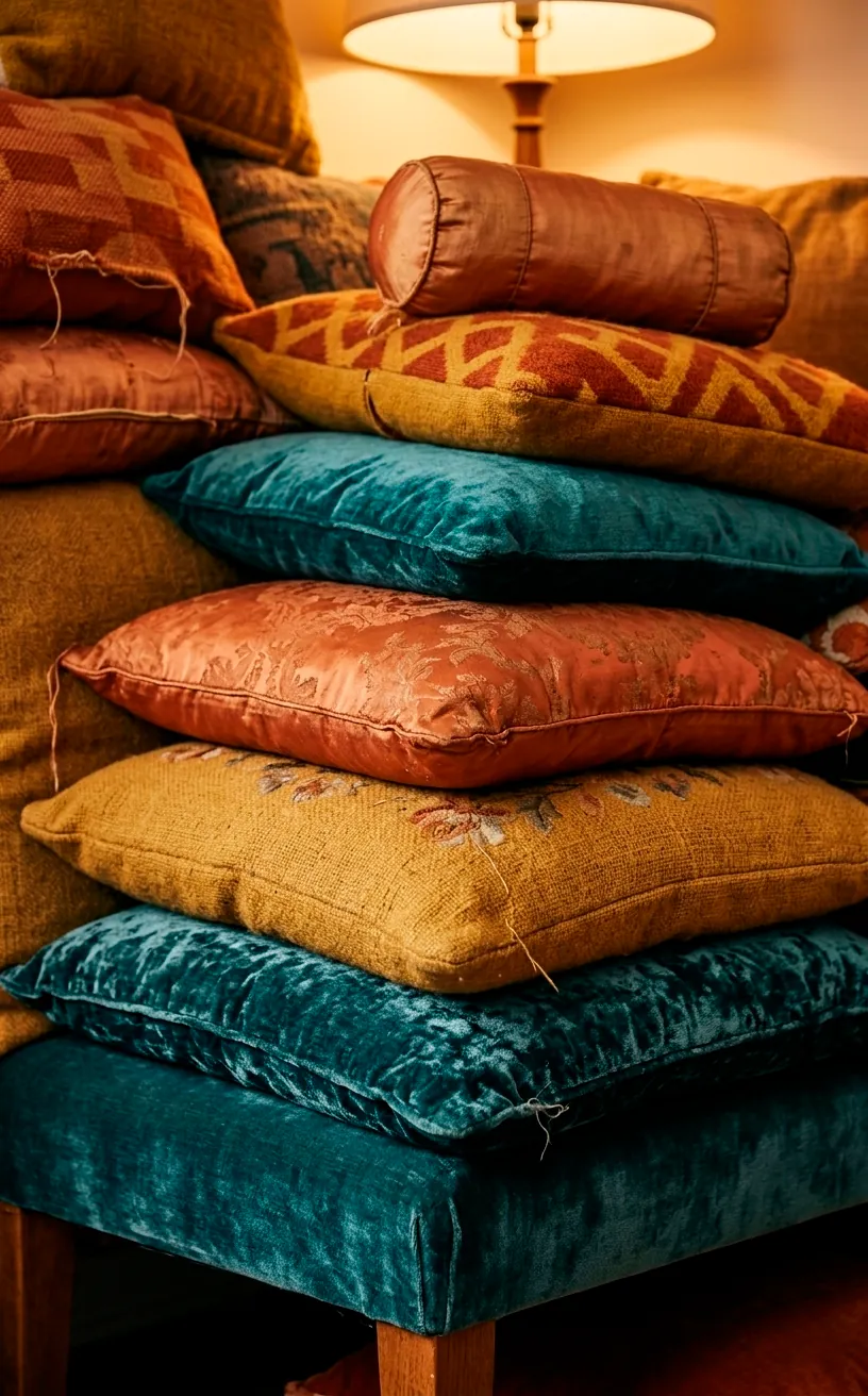 A stack of colorful velvet and wool vintage pillows in mustard and teal on a bench.