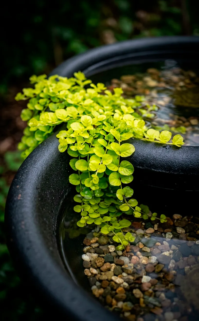 Creeping Jenny plants hanging over the edge of a dark black stock tank pond.