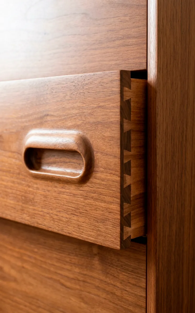 Detailed view of dovetail joints and carved wood handles on a vintage MCM teak sideboard.