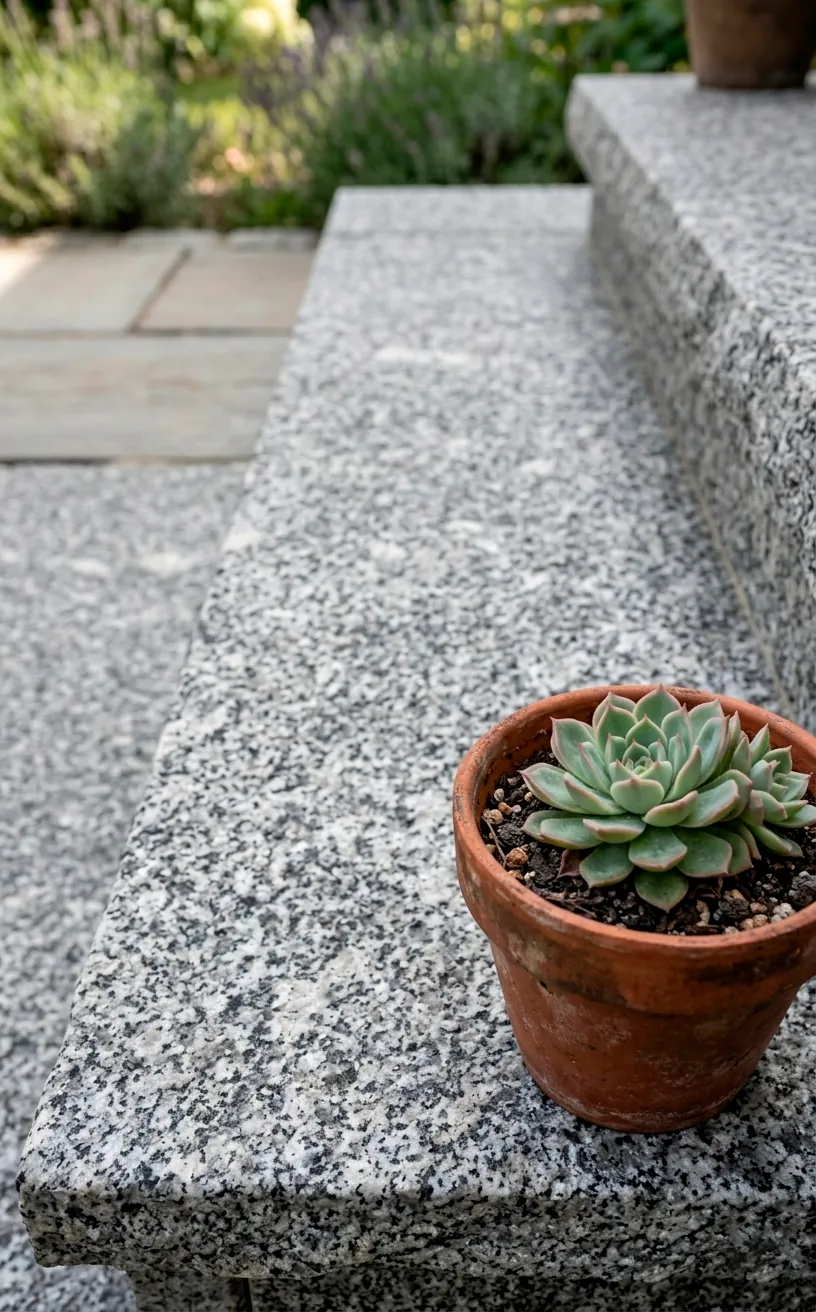 Close-up of a flamed granite patio step showing natural stone texture and speckles.