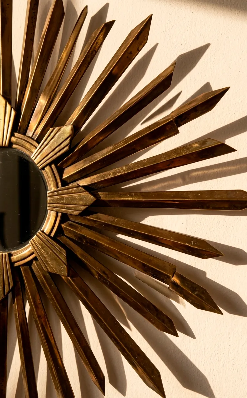 Detail of brass sunburst mirror rays with geometric 1920s design.