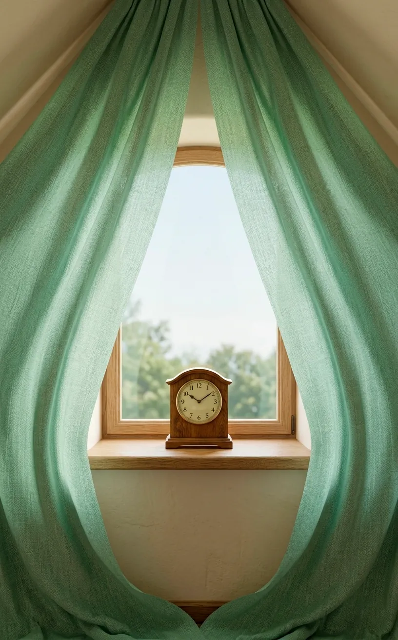 Soft mint linen curtains in an attic office with light filtering through the fabric.