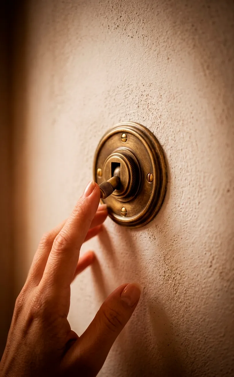 Close-up of a high-end brass light switch on a textured plaster wall.