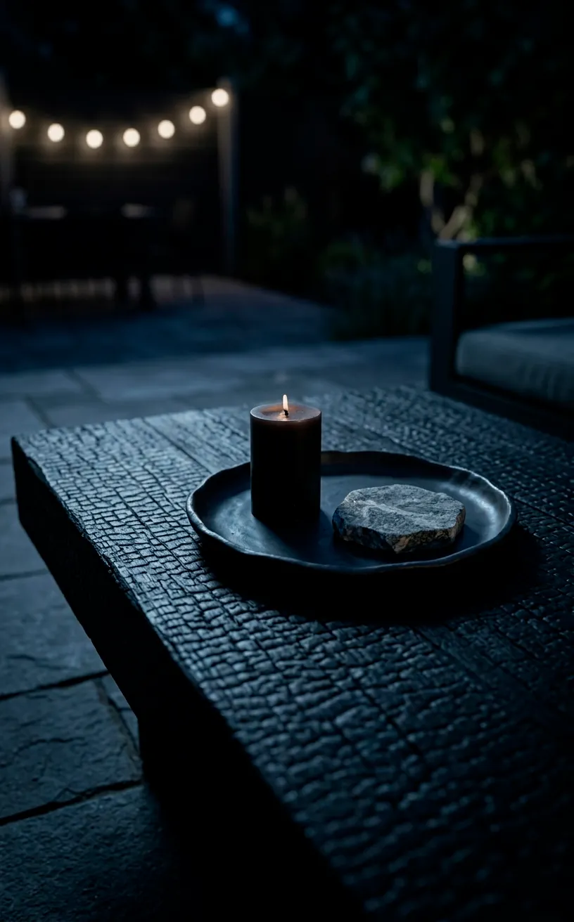 Charred wood outdoor coffee table with dark decor and candles.