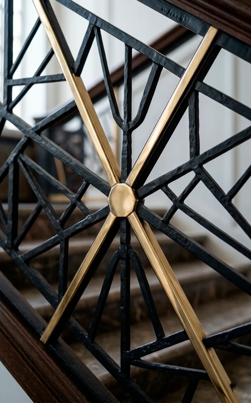 Intricate geometric pattern of black iron and brass on a luxury stair railing.