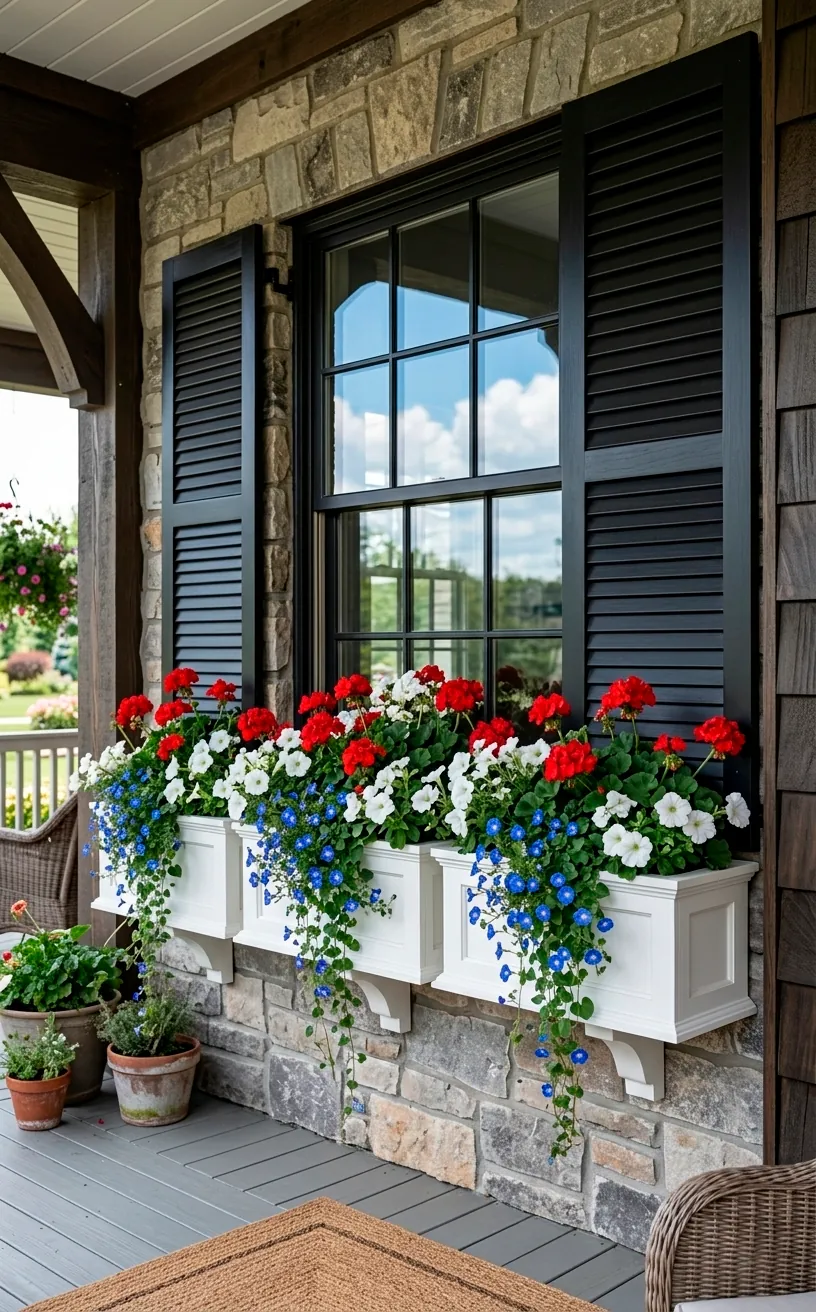 White window boxes filled with patriotic-themed floral arrangements.