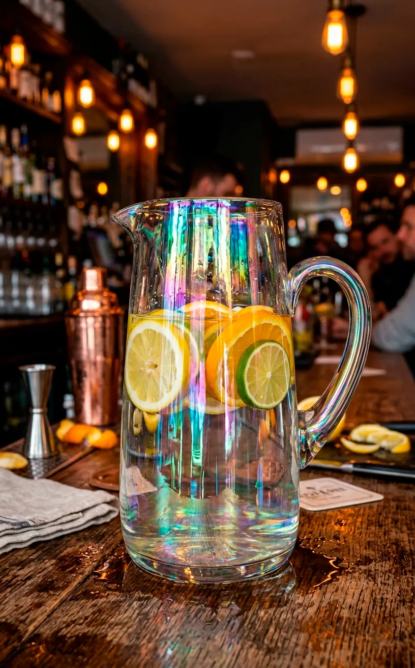 Iridescent glass pitcher with citrus on a wooden bar counter.