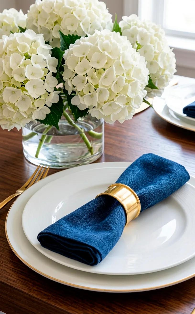 Sophisticated table setting with navy napkins and white porcelain.