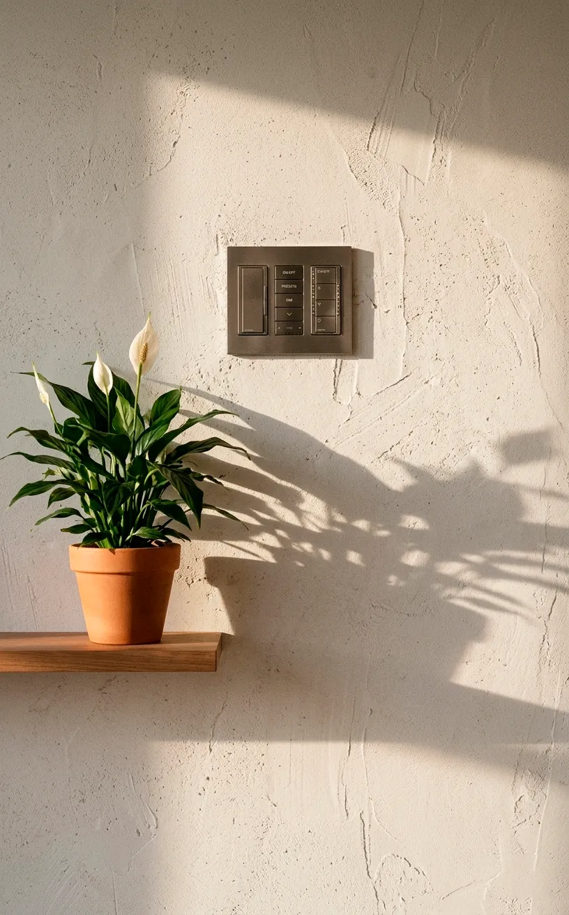 Close-up of a minimalist smart lighting dial on a white wall with soft sunlight and a green plant.