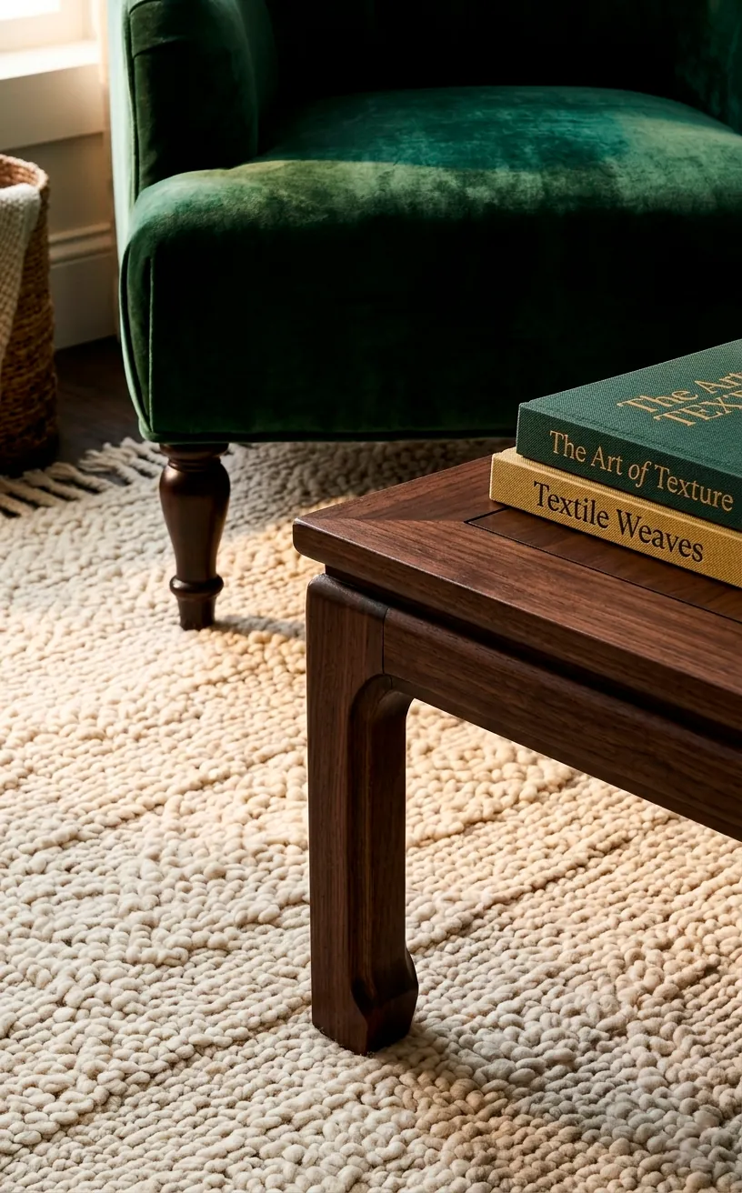 Close-up of furniture legs on a thick wool rug with soft morning light shadows.
