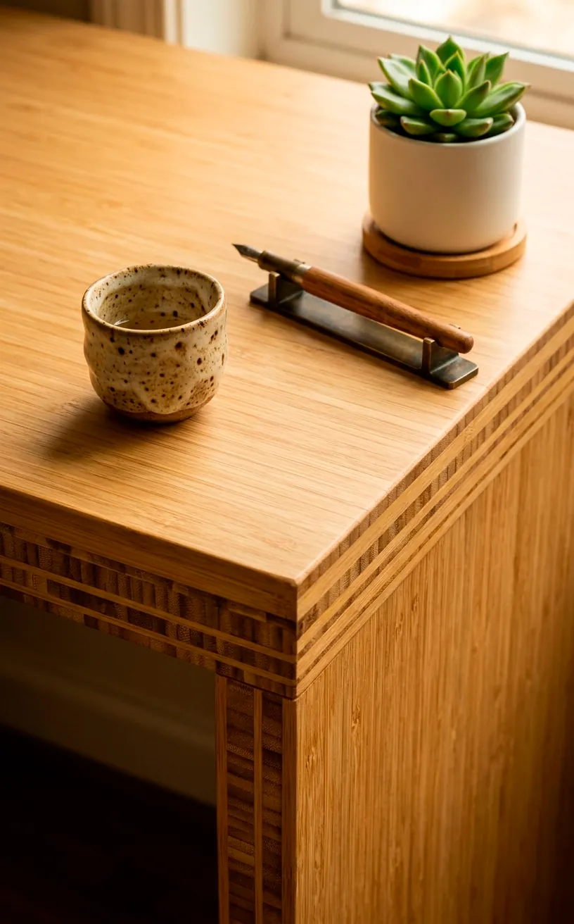 Close-up detail of a bamboo standing desk corner showing wood grain and a small succulent pot.