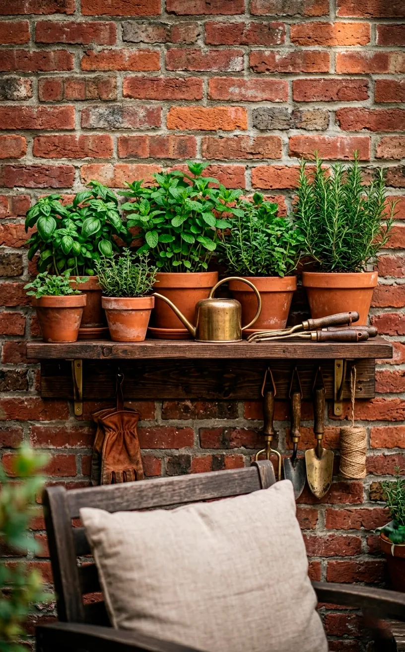 Close-up of wall-mounted garden shelves with terracotta pots and brass tools in a small yard.