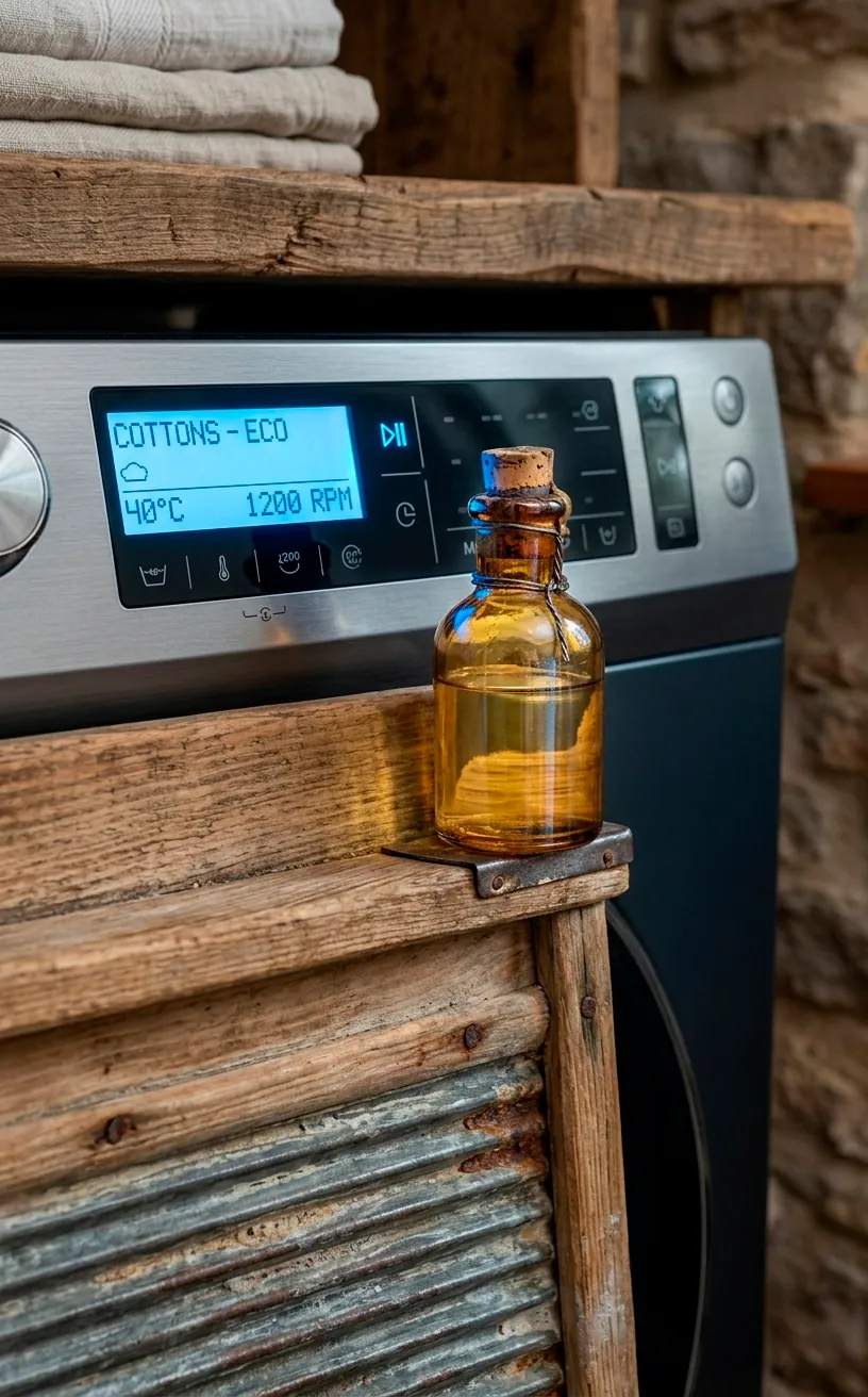 Close up of a vintage wooden washboard leaning against a high-tech modern washing machine display.