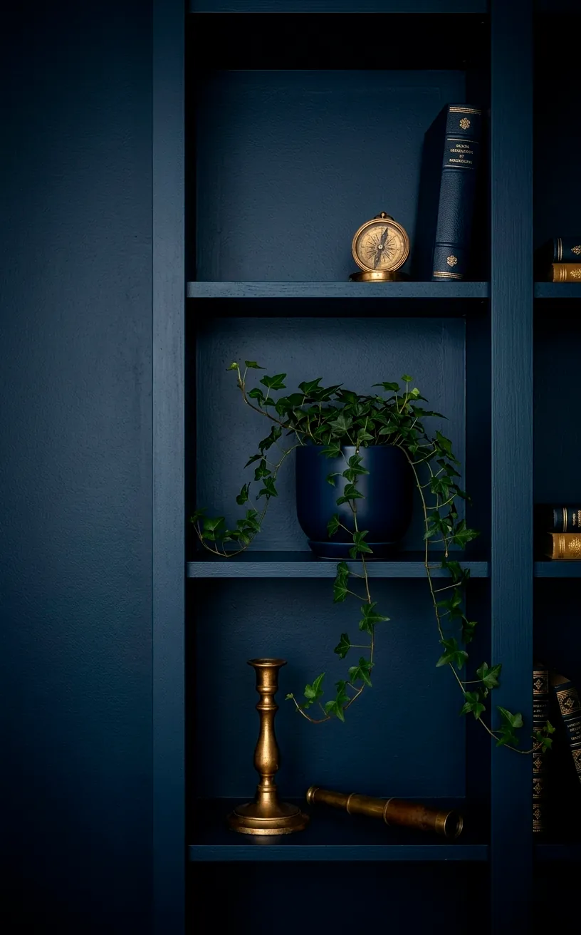 Navy blue built-in shelves on a matching wall with gold decor and a green plant.