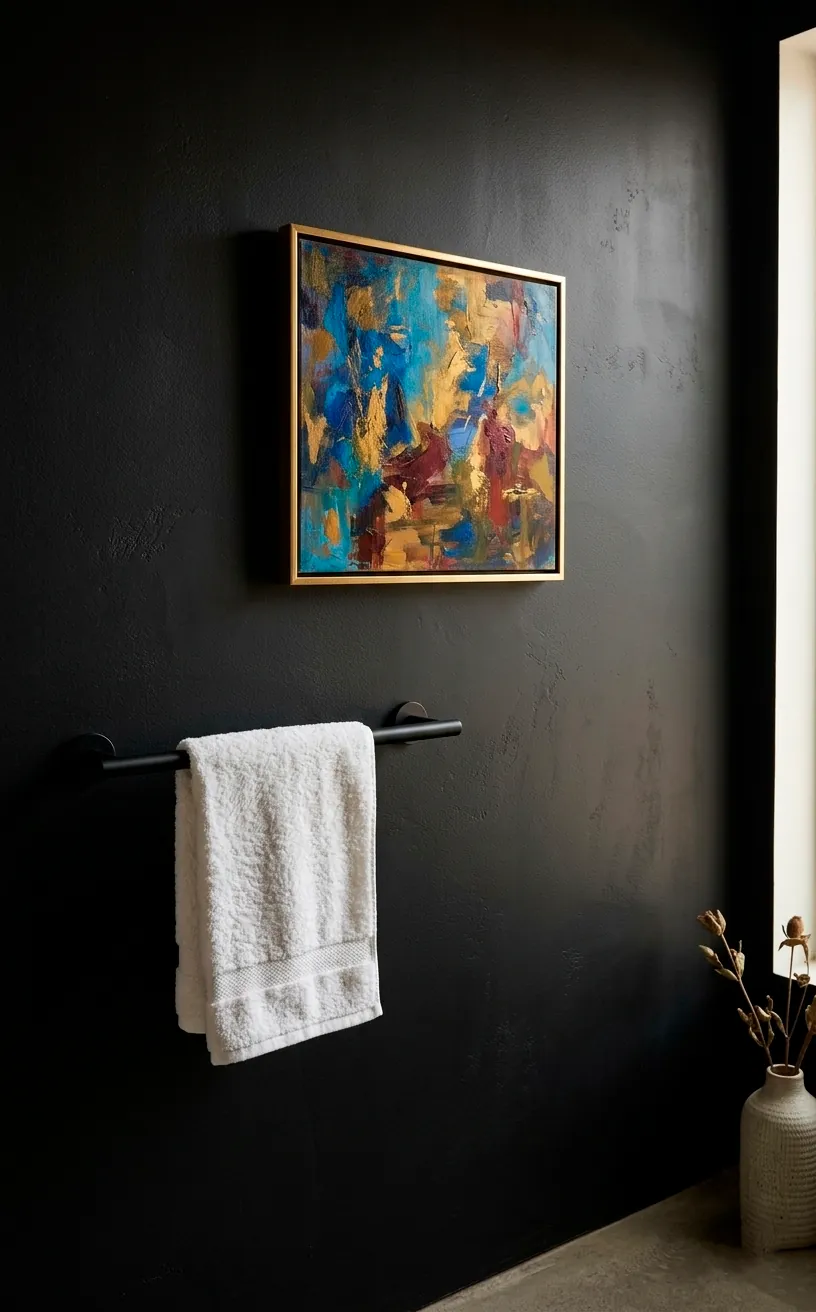 Close-up of a matte black bathroom wall with art and a gold frame.