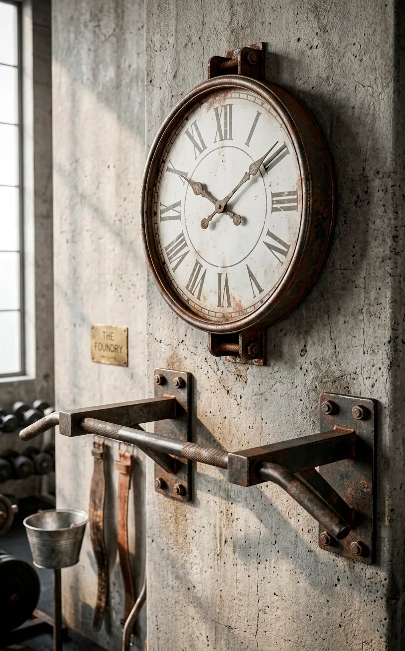 Close-up of a concrete gym wall with vintage iron accents and a pull-up bar.