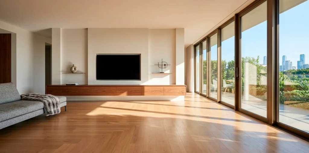 Wide landscape view of a modern living room with a walnut floating TV unit and clear floor space.