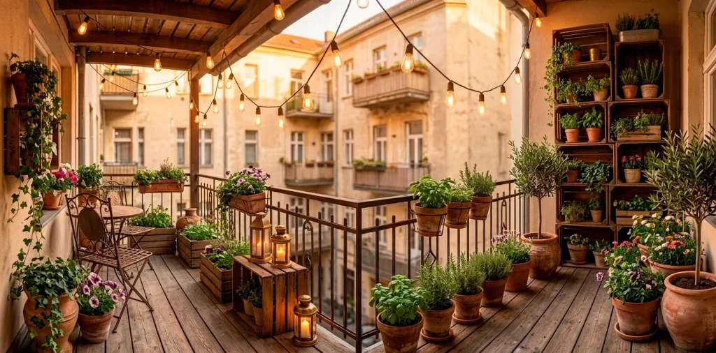 Cozy vintage balcony with wrought iron furniture, wooden crates, and lanterns at sunset.