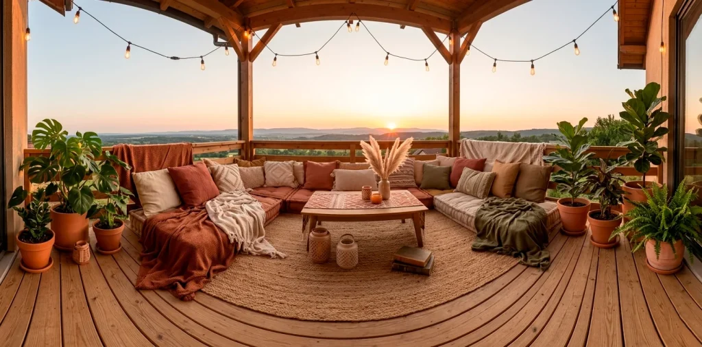 Wide panoramic view of a relaxed boho balcony with earthy tones and warm sunset lighting.
