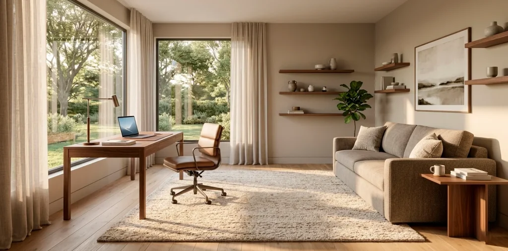 Modern home office and guest room combo with walnut desk and contemporary sofa bed.