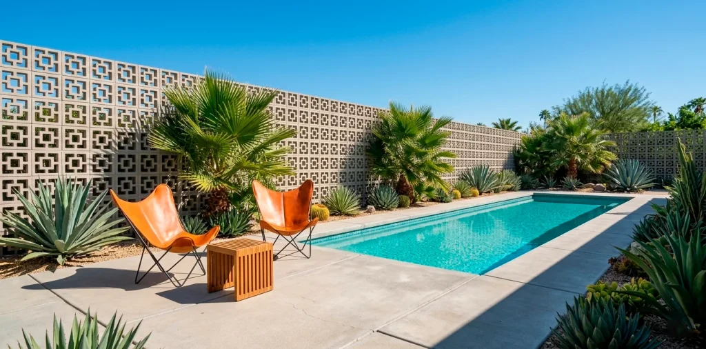 Wide view of a Mid-Century Modern backyard with a white geometric breeze block privacy wall and pool.