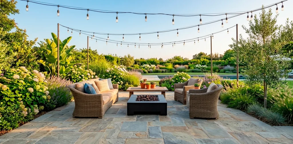 Large luxury stone patio with fire pit and outdoor seating in a lush backyard setting.