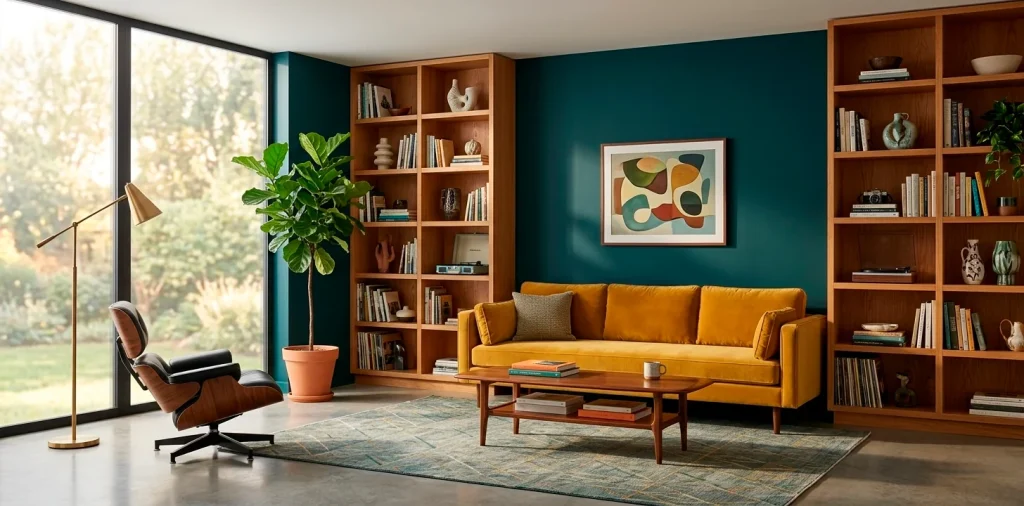Wide panoramic shot of a retro modern living room with a mustard yellow sofa and teal walls.
