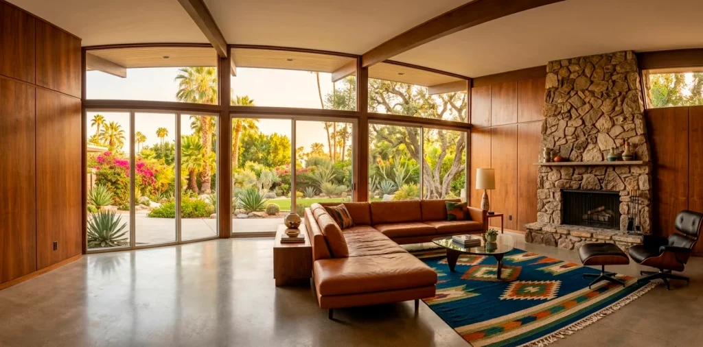 A luxurious authentic mid century modern living room with floor to ceiling windows and walnut wood walls.