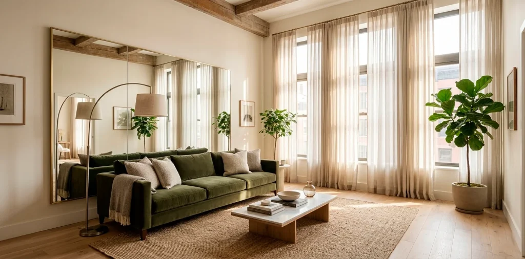 Proportional decorating ideas for a small apartment living room featuring large-scale furniture and high ceilings.