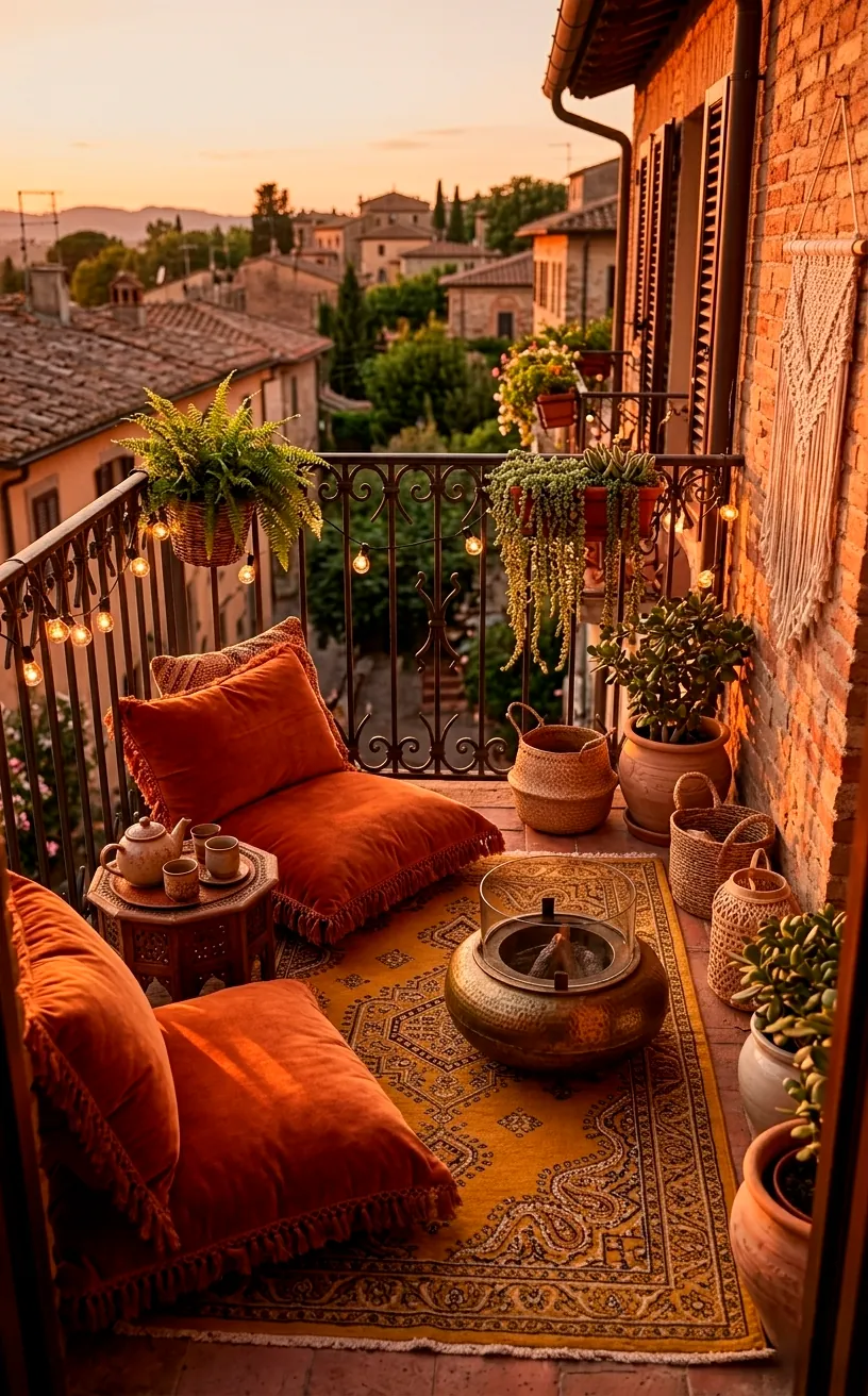Retro boho balcony with burnt orange and mustard yellow decor in sunset light.