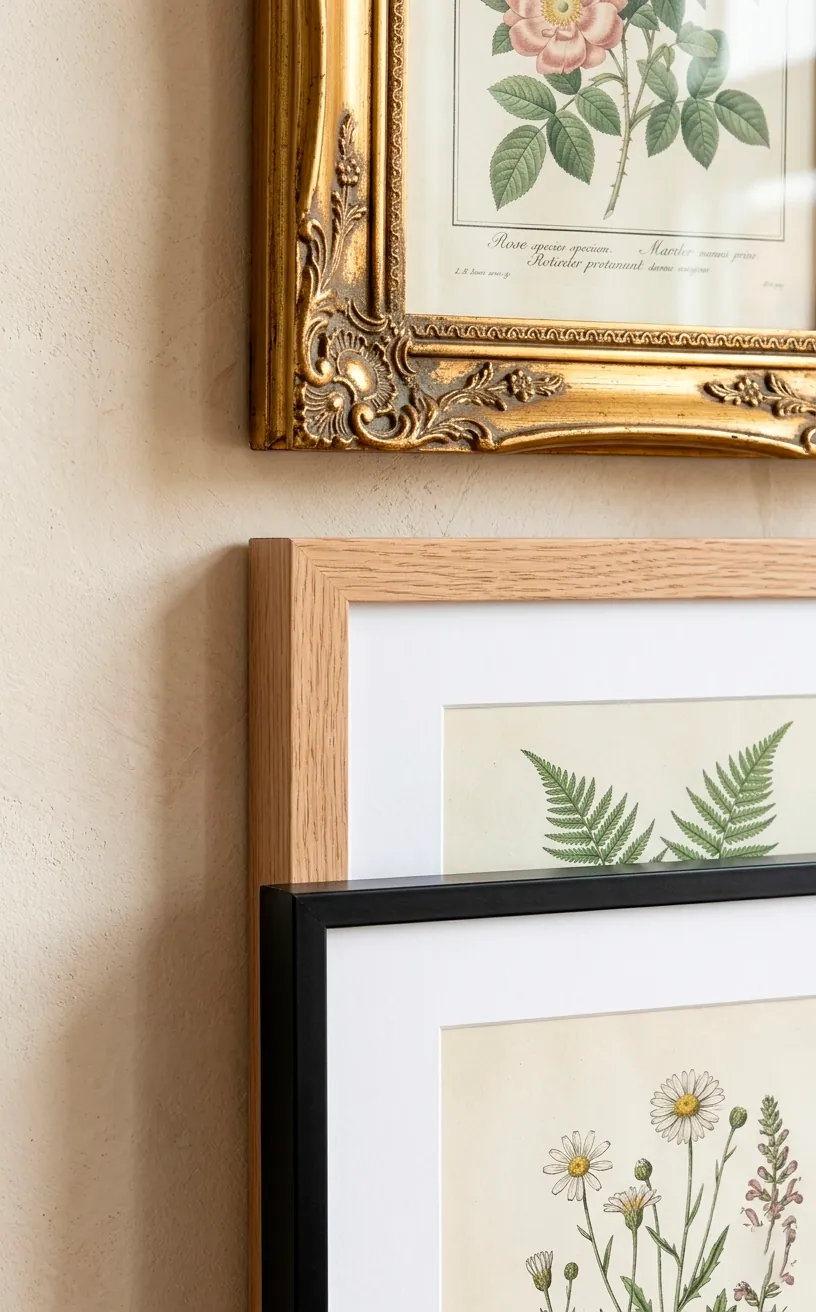 Comparison of gold, oak, and black frames featuring botanical art.