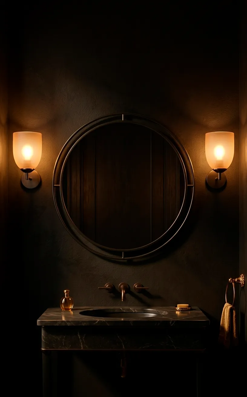 Atmospheric lighting in a black powder room with glowing wall sconces.