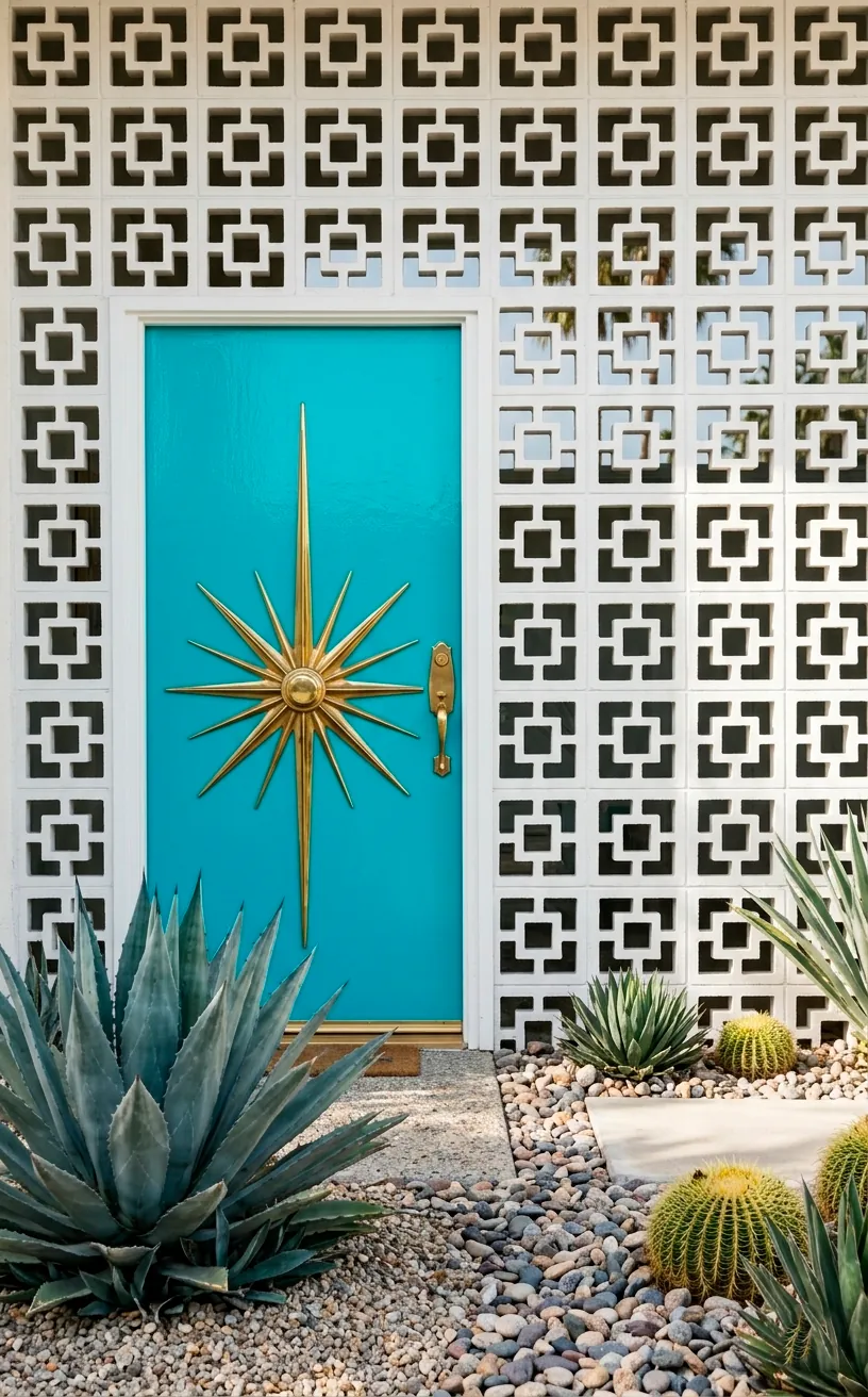 Modern home exterior featuring a teal door, brass starburst hardware, and white breeze blocks.